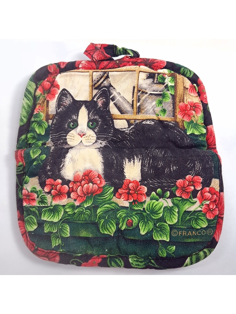 Vintage Franco Cat pot holder oven mitt black white tuxedo red flowers garden